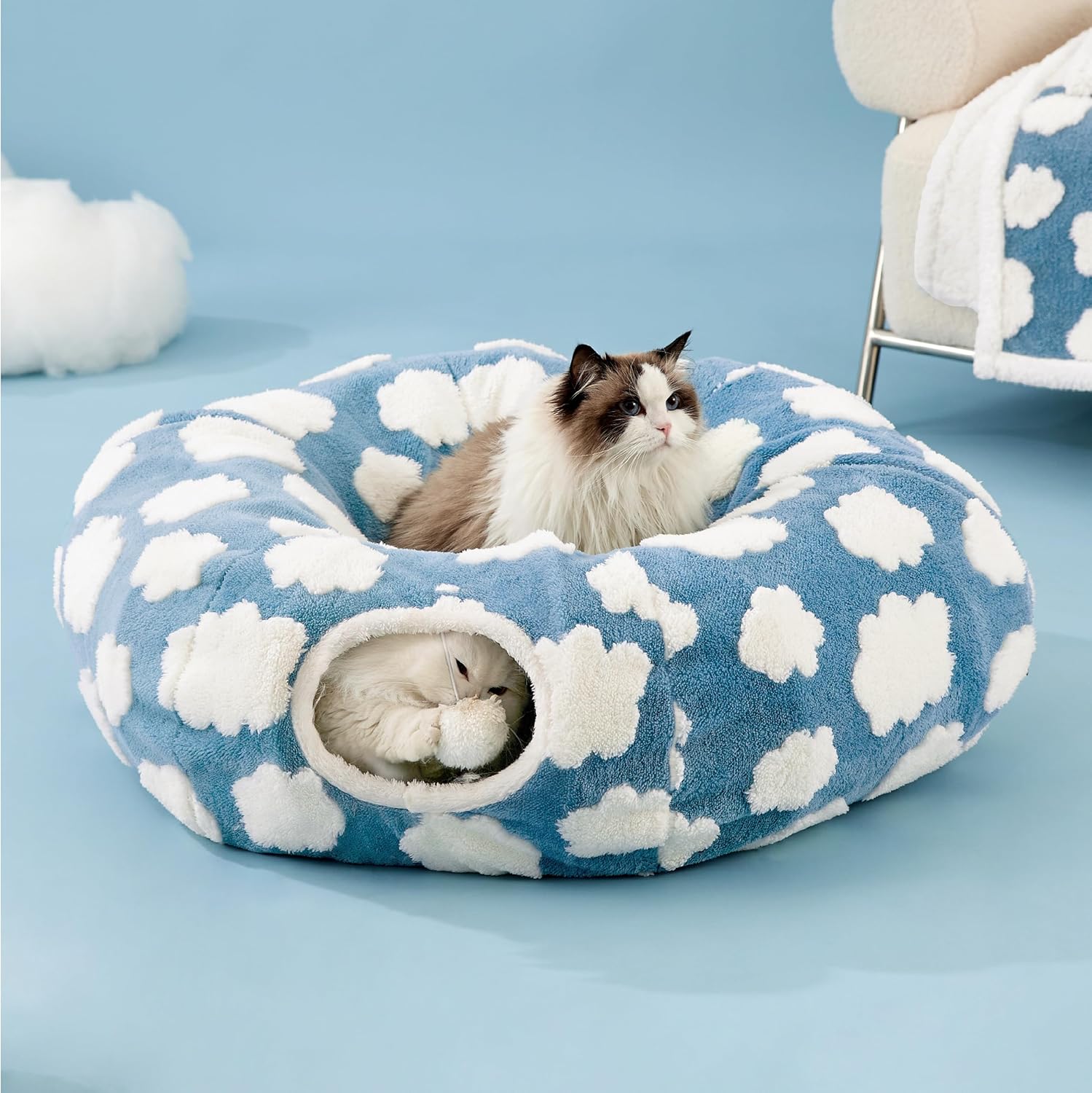 Cat Tunnel Bed for Indoor Cats - Cute Cat Donut Tunnel Toys for Small Large Cats with Washable Circle Cushion, Round Pet Peekaboo Cave Toy for Kitten/Puppy/Rabbit, Standard Blue